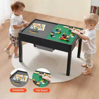 Kindertisch 810x553x502mm - Holzaktivitätstisch, Doppelseitige Baustein-Tischplatte - Mehrzweck-Spieltisch mit 2 Aufbewahrungsboxen - Geschenk für Kinder ab 3 Jahren - Schwarz - Schwarz