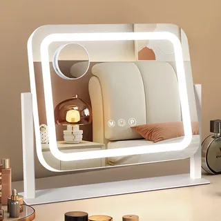 Ratsamee Schminkspiegel Mit Beleuchtung, 35 x 30 cm Spiegel mit 3 Farblich Dimmbaren Licht, intelligente Touchscreen-Steuerung, 360° Drehbar, 14" × 12" Weiß