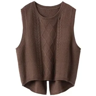 LCDIUDIU Pullunder Für Damen,Frauen Wolle Gestrickte Pullover Weste Mode Kaffee Kabel Jacquard Rundhals Ärmellose Pullover Gilets Herbst Lose Weiche Rücken Split Pullover Stricken Tank Top Cami Weste