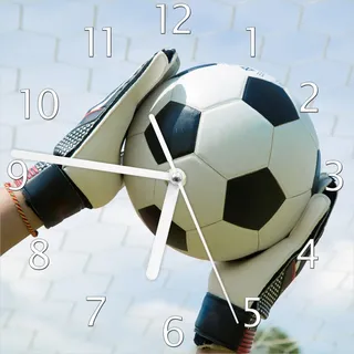 Wallario Design Wanduhr Fußball - Torwart im Tor vor blauem Himmel aus Echtglas, Größe 20 x 20 cm - Blau