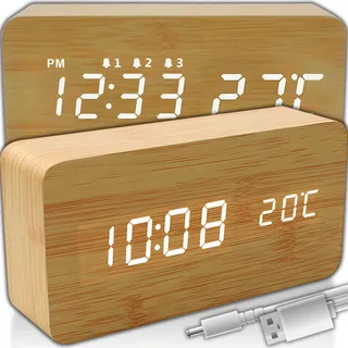 Digitaler Wecker Holz Holzoptik 3D LED Digital Digitaluhr Wanduhr Datum Temperatur 12h 24h USB Alarm Clock Schlafzimmer Büro Dimmbar Zeit Uhr Retoo - Braun
