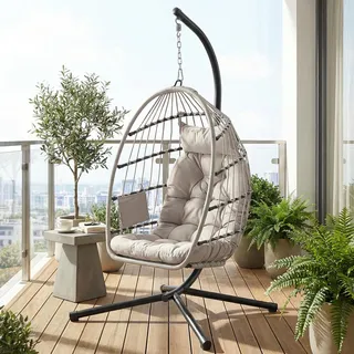 SONGMICS Schaukelstuhl mit Gestell, klappbarer Korbsessel höhenverstellbar, Hängeschaukel für Garten Balkon, Kissen, weiß - Weiß