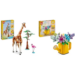 LEGO Creator 3in1 Tiersafari, Kreativ-Set mit Tierfiguren, Spielzeug-Giraffe & Creator 3in1 Gießkanne mit Blumen Set, Kinderzimmer-Deko