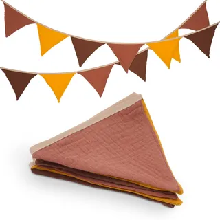 jijAcraft Wimpelkette Kinderzimmer, Doppelseitig Stoff Wimpelkette aus Musselin Baumwolle, 1,9M Gelb-Braun Stoffgirlande, Kinder Kinderzimmer Deko, für Hausbett, Babybett, Kinderbett, Wanddeko