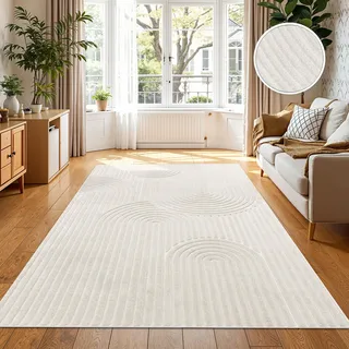 Outdoor Teppich Wetterfest Wohnzimmer Balkon Boho Skandi Design Regenbogen Creme Grösse 120x170 cm - Creme
