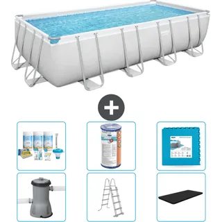 Bestway Rechteckiges Power Steel-Schwimmbecken – 488 x 244 x 122 – Grau, inklusive Pumpe – Leiter – Abdeckung Wartungspaket - Filter - Bodenfliesen - Grau