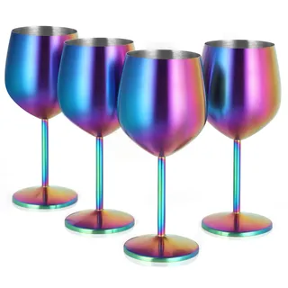 Livole Rotweingläser Set, 18Oz 550ml Weingläser aus Edelstahl, Champagner Gläser, Pokale Groß Bauchig, Cocktailgläser mit Stiel, Wine Glass Set für Cocktails, Rotwein, Bunt (4er Pack)