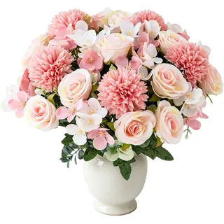 3 Rosa Rosen Künstlich Kunstblumen Rosa und Chrysanthemen Blumenstrauß | Künstlich und Pflanzen Pink Flowers Geeignet für Hochzeiten, Gartendekorationen Kunstblumen-Keine Wartung Erforderlich