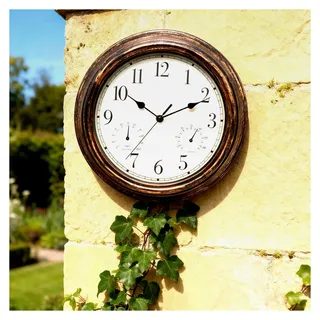 Wetterfeste Gartenuhr, 30 cm wasserdichte Wanduhr mit Thermometer und Hygrometer, Retro Wanduhr für Innen und Außen, Uhren für Badezimmer, Garten, Küche und Veranda, ohne Tickgeräusche