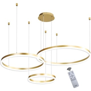 WayLuoung Metall LED Kronleuchter | 3 Kreise 20+40+60cm | 45W Rings Deckenhängelampe, Dimmbare Fernbedienung 3000–6000K, Acryl Schirm Pendelleuchte, Wohnzimmer Schlafzimmer Foyer Esszimmer【Gold】