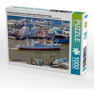 CALVENDO Puzzle Hamburg Hafenpanorama mit Museumsschiff Cap San Diego 1000 Teile Puzzle quer | 1000 Teile Lege-Größe 64x48cm Foto-Puzzle für glückliche Stunden