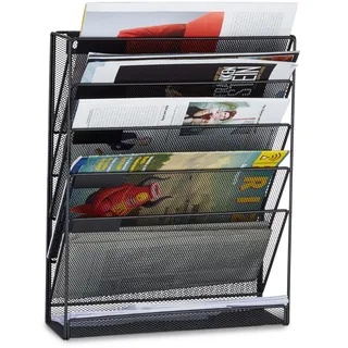 Relaxdays Zeitschriftenhalter Wand, Prospekthalter A4, Zeitschriften Wandhalter, Metall, HxBxT: 40 x 32 x 10 cm, schwarz