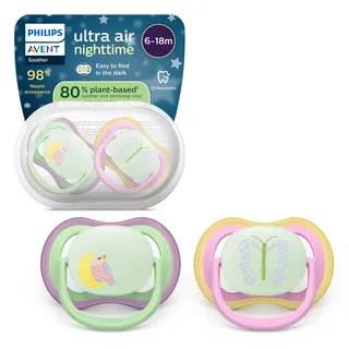 Philips Avent ultra air Nighttime Schnuller – kiefergerecht geformtes Design, für Babys von 6–18 Monaten, leuchtet im Dunkeln, weicher, symmetrischer Silikonsauger, BPA-frei, 2er-Pack, SCF376/29