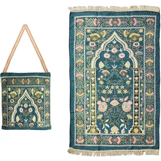 Anlising Muslimischer Gebetsteppich, Islamische Gebetsmatte mit Tragetasche, Ramadan-Teppich, Gebetsteppich Set (Dunkelgrün)