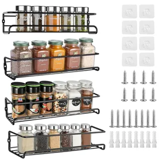 4er Gewürzregal Wand Set mit Selbstklebende & Schrauben, Küchenschrank Gewürz Organizer Ohne Bohren, Metall Hängend Gewürzhalter für Küche, Küchenregal, Schrank, Schranktür, Speisekammertür (Schwarz)