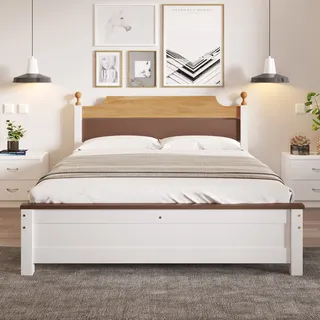 Massivholzbett, 140x200 cm, Doppelbett mit Lattenrost und Kopfteil, Holzbett aus Kiefer, Jugendbett - Weiß