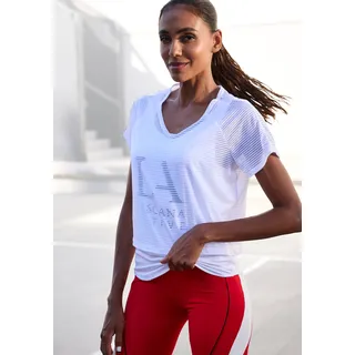 Funktionsshirt LASCANA ACTIVE, Damen, Gr. S (36/38), weiß, Netz, Top: 81% Polyester, 19% Elasthan, bedruckt, unifarben, Basic normal, Rundhals, abgerundeter Saum, Shirts Funktionsshirt, 2 in 1 T-Shirt im Layer-Design, Topseller