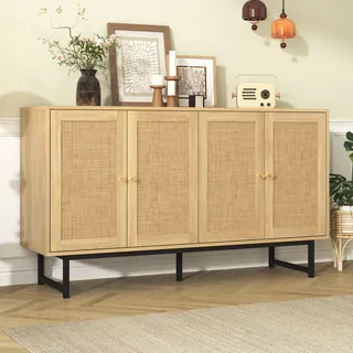 MODFU Sideboard mit Rattan Türen, Schrank Buffetfür Wohnzimmer, Schlafzimmer, Kinderzimmer, Jugendzimmer und Büro, Holzfarbe - Braun