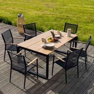 di volio Gartenmöbel PREZZA, langlebiges Gartenmöbel-Set für 6 Personen - Esstisch & 6 Stühle, Kunstholz & Aluminium, stapelbare und bequeme Stühle - Beige, Schwarz