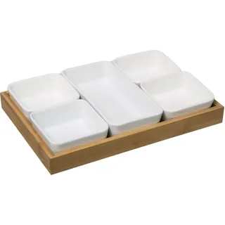Secret de Gourmet | Snackset 5 Schalen - Weiß/Bambus - Stilvolles Servieren - Praktisch und Elegant - Weiß, Braun