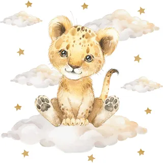 Pandawal Kinderzimmer Deko Wandtattoo Löwe mit Wolken Sterne Mädchen Junge Wandsticker Baby Safari Tiere Wandaufkleber (M, Löwe)
