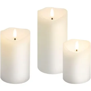 goobay LED-Echtwachskerzen 3er-Set, weiß, mit Pendeldocht, Timerfunktion, warmweißes Licht (2700 K), inkl. 10x AAA Batterien, elektrische Stumpenkerzen, 10/12,5/15 cm, 75263