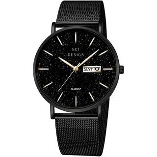 s&t design Edelstahl Armbanduhr Datum Luxus Herren Uhr Männer Quarz Uhr Herrenuhr schwarz
