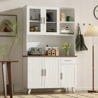 Merax Hochschrank mit 5 Türen, 1 Schublade und Glastüren für Dekorationsartikel, Sideboard mit weißer Holzmaserung, Rustikaler Schrank für Wohnzimmer - Weiß, Braun