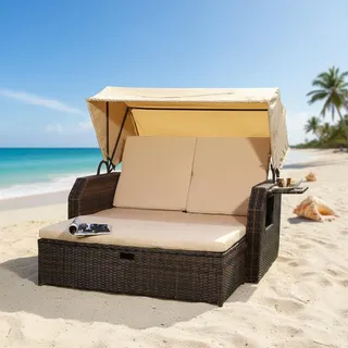 Mucola Strandkorb Rattan Sonnenbett mit verstellbarem Dach Polyrattan Sonnenliege Liegebett Relaxliege Gartenliege Gartenmöbel - Braun - Braun