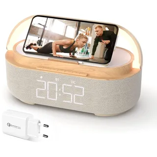 COLSUR Radiowecker Digital mit Wireless Charger, Bluetooth Lautsprecher mit USB-Ladegerät, Smart Wecker Schlummerfunktion Induktive Ladestation, Nachtlampe, Dimmbares LED-Display und Batterie-Backup