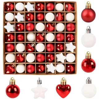 62 STK Weihnachtskugeln Klein & Sterne & Herz Set - 3cm Kunststoff Christbaumkugeln Rot Weiß Mini Weihnachtsbaumkugeln Bruchsicher mit Geschenkpaket,Christbaumschmuck mit Aufhänger,Deko Weihnachten