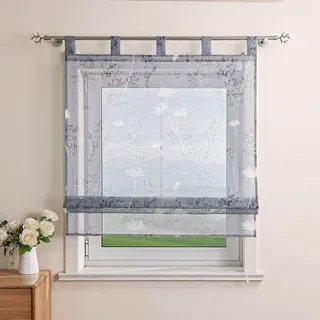 Delien Raffrollo Leinenoptik Transparente Rollos Landhaus Küche Gardine Modern Raffgardine mit Blumendruck »Löwenzahn« Schlaufenrollo für Klein Fenster mit Schlaufen BxH 120x140cm,Grau