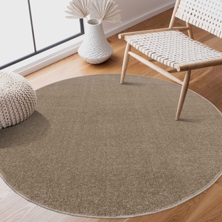 SANAT Kurzflor Teppich Wohnzimmer - Uni Modern Teppiche fürs Schlafzimmer, Arbeitszimmer, Büro, Flur, Kinderzimmer und Küche - Beige, 200 cm Rund