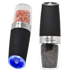 Joeji's Kitchen 2er Salz und Pfeffermühle mit LED-Licht - Gravity Automatischer Elektrische Set - Batteriebetrieben - Salzmühle Gewürzmühle - Einstellbare Keramik-Grobheit - Schwarz
