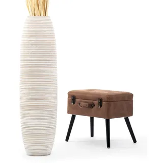 Leewadee Große Deko Bodenvase Für Dekozweige, Hohe Standvase Für Pampasgras, Design Holzvase, 105 cm, Weiß