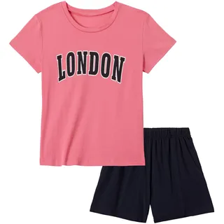 Pyjama PETITE FLEUR, Jungen, Gr. 170/176, bunt (rose, navy), Jersey, Obermaterial: 100% Baumwolle, unifarben, Basic, bequem kurz, Rundhals, abgesteppte Kante, Homewear-Sets Pyjama, Schlafanzug mit großem Frontdruck, Topseller