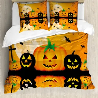 ABAKUHAUS Halloween Bettbezug Set, Halloween illustration mit Kürbisköpfen fürchterlich im Friedhof Mond Druck, 200 x 200 cm + 80 x 80 cm, Orange Schwarz