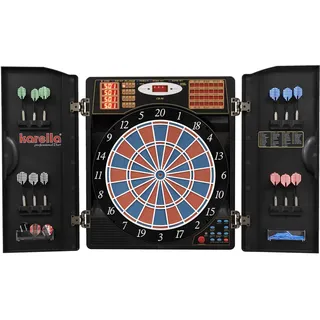 Dartautomat Karella CB-90 im Cabinet, elektronische Dartscheibe mit 38 Spielen und 211 Varianten, exakte Turniermaße in 2-Loch-Ausführung, inkl. 12 Softdarts