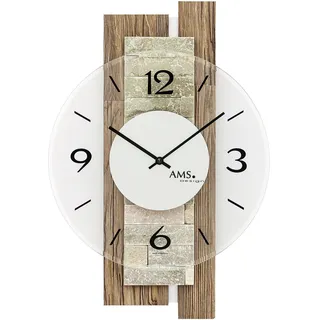AMS 9543 Wanduhr Quarz analog modern Holz nussbaum farben mit Naturstein Auflage - Silber