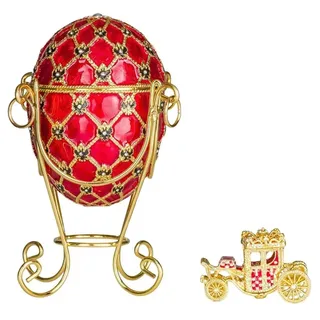 Fabergé-Stil Kaiserliches Kronen-Ei Schmuckbox mit Wagen 19cm Rot - Rot