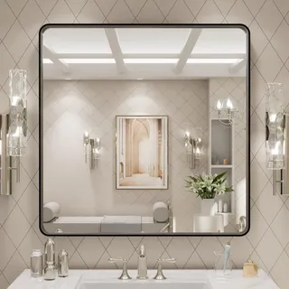 LOAAO 76,2 x 76,2 cm, schwarzer Metallrahmen, Badezimmerspiegel für Wand, Mattschwarz, Badezimmer-Schminkspiegel, Bauernhaus, groß, abgerundet, rechteckig, rostfrei, gehärtetes Glas, zum Aufhängen