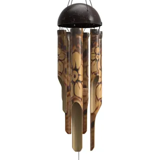 Nalulu Rustikales Bambus-Windspiel – Outdoor-Windspiele aus Holz, klein, florales gebranntes Design mit Kokosnusskrone, handgefertigt mit beruhigenden tiefen Tönen, ideale Heimdekoration