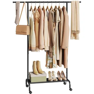 WOLTU Kleiderständer mit Rollen und ausziehbarer Stange, Kleiderstange aus Metall & Oxford-Stoff, für Kleidung/Taschen/Schuhe, (84-124) x 156 x 40 cm,Schwarz
