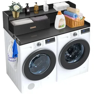 Vevor Arbeitsplatte für Waschmaschine & Trockner mit 2 Schubladen & 2-stufigem Regal, Arbeitsplatte (1370 x 700 x 305 mm) Holz für Waschmaschine und Trockner mit rutschfesten Pads, wasserabweisend