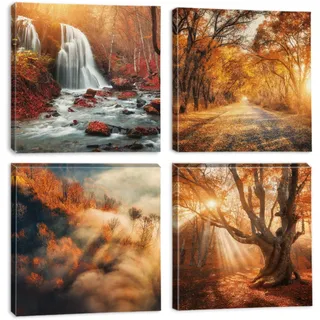 Ohok Premium Leinwandbilder Kunstdruck Bilder 30x30cm, Leinwanddruck Bilder 4er-Set Wandkunst Dekor Bild mit Holzrahmen Wandbilder für Schlafzimmer Büro Home Dekorationen (Herbst-Wasserfall)