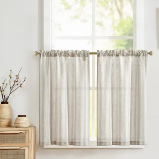 Vangao Streifen Scheibengardinen Modern Küche Grau und Beige Leinenoptik Gestreifte Bistrogardine 2er Set 65Bx90Hcm mit Stangendurchzug Landhaus Gardinen Kurz Lichtdurchlässig Kurzstores Wohnwagen