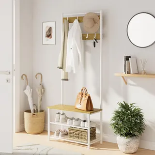 HEYZOEY Garderobenständer, Holz Garderobe mit Sitzfläche, Flurgarderobe, Kleiderständer mit Schuhbank und Schuhregal, 3-Tier Regal und 4 abnehmbare Haken, weiß