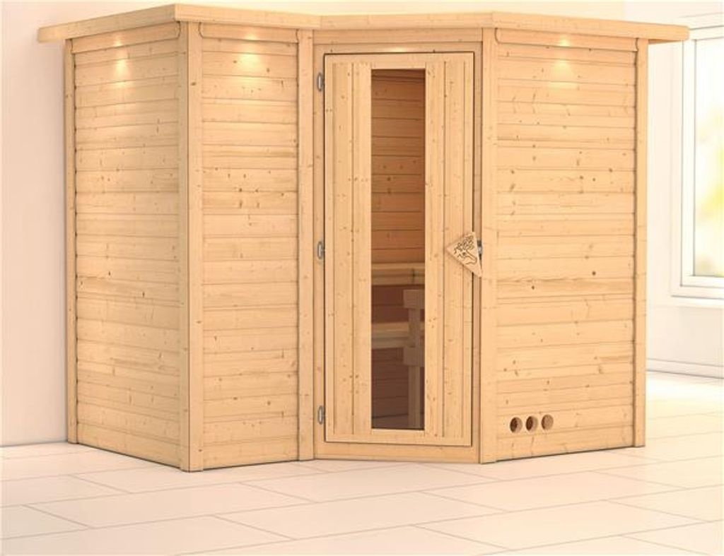 Bild von Sauna Sahib 2 Eckeinstieg, Tür gedämmt, mit Dachkranz ohne Ofen Holztür