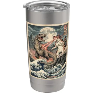 Japanische Ukiyo-e Kaiju-Monsterkunst „Katze gegen T-Rex“ Doppelwandiger Edelstahl-Thermobecher