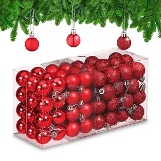 Relaxdays Weihnachtskugeln im 96er Set, glitzernde, Matte & glänzende Baumkugeln, Weihnachtsbaumdeko, Kunststoff, rot
